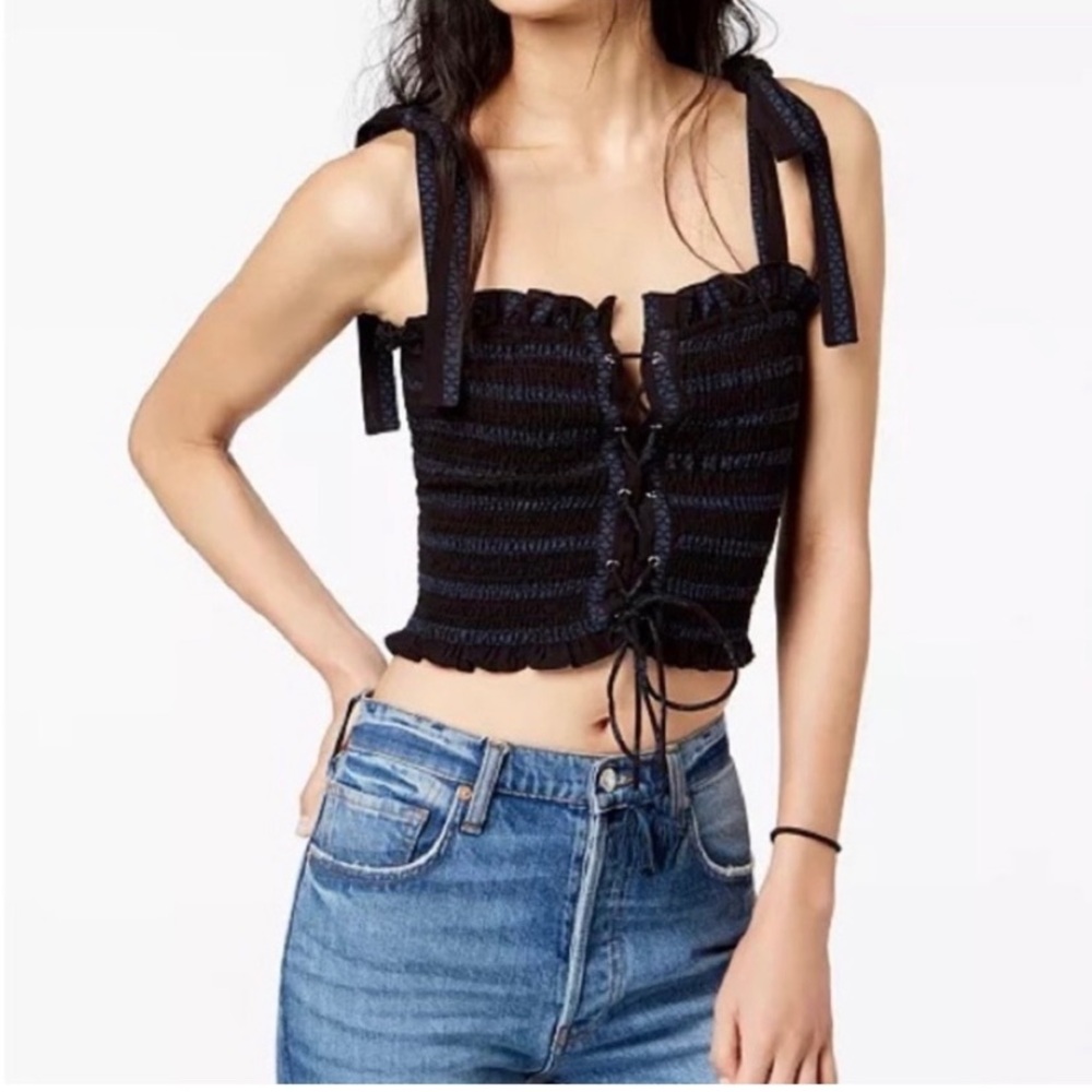 Free People Electric Love Smocked Black Blue Cropped Tank Top